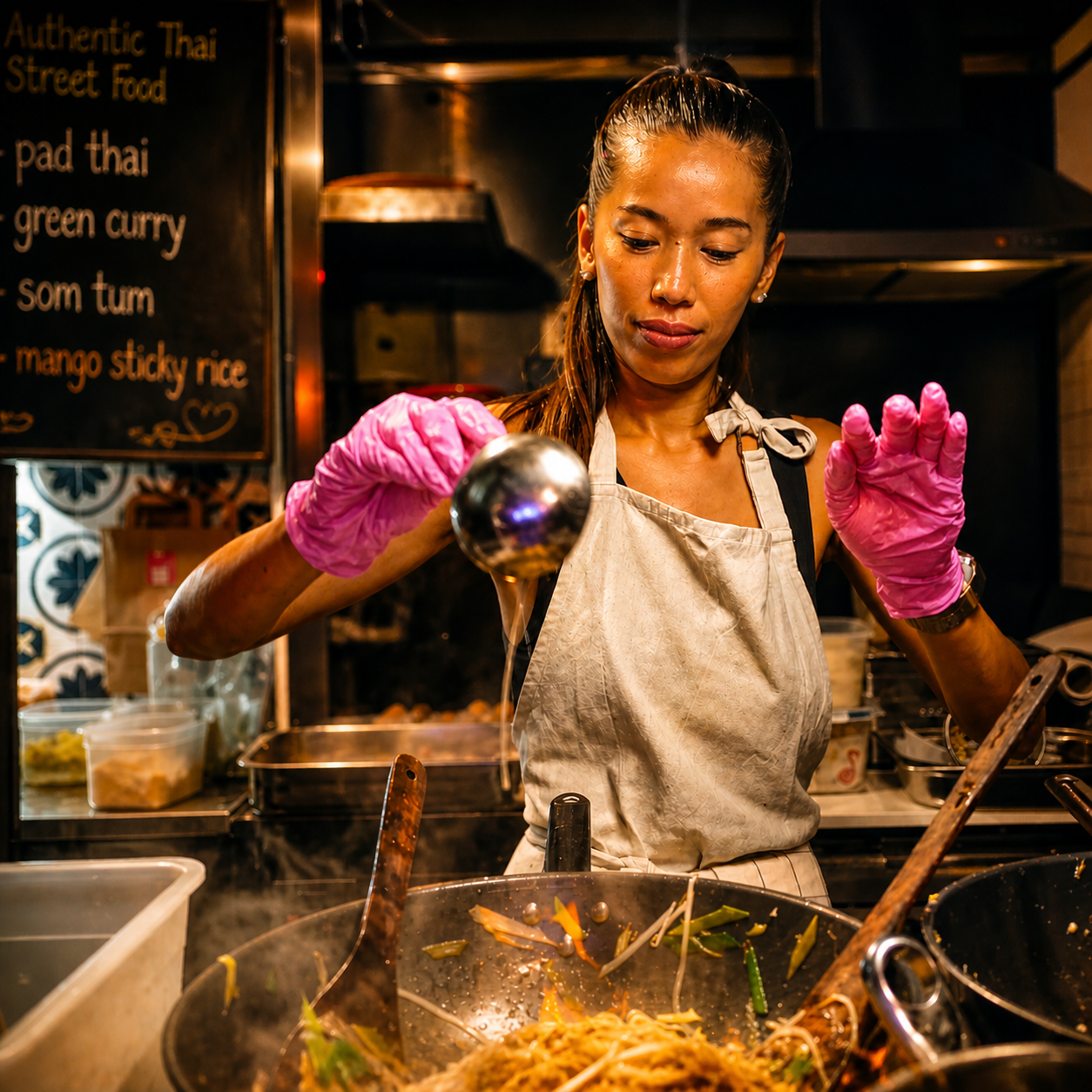 Mali's Thai restaurant logo met drie personages